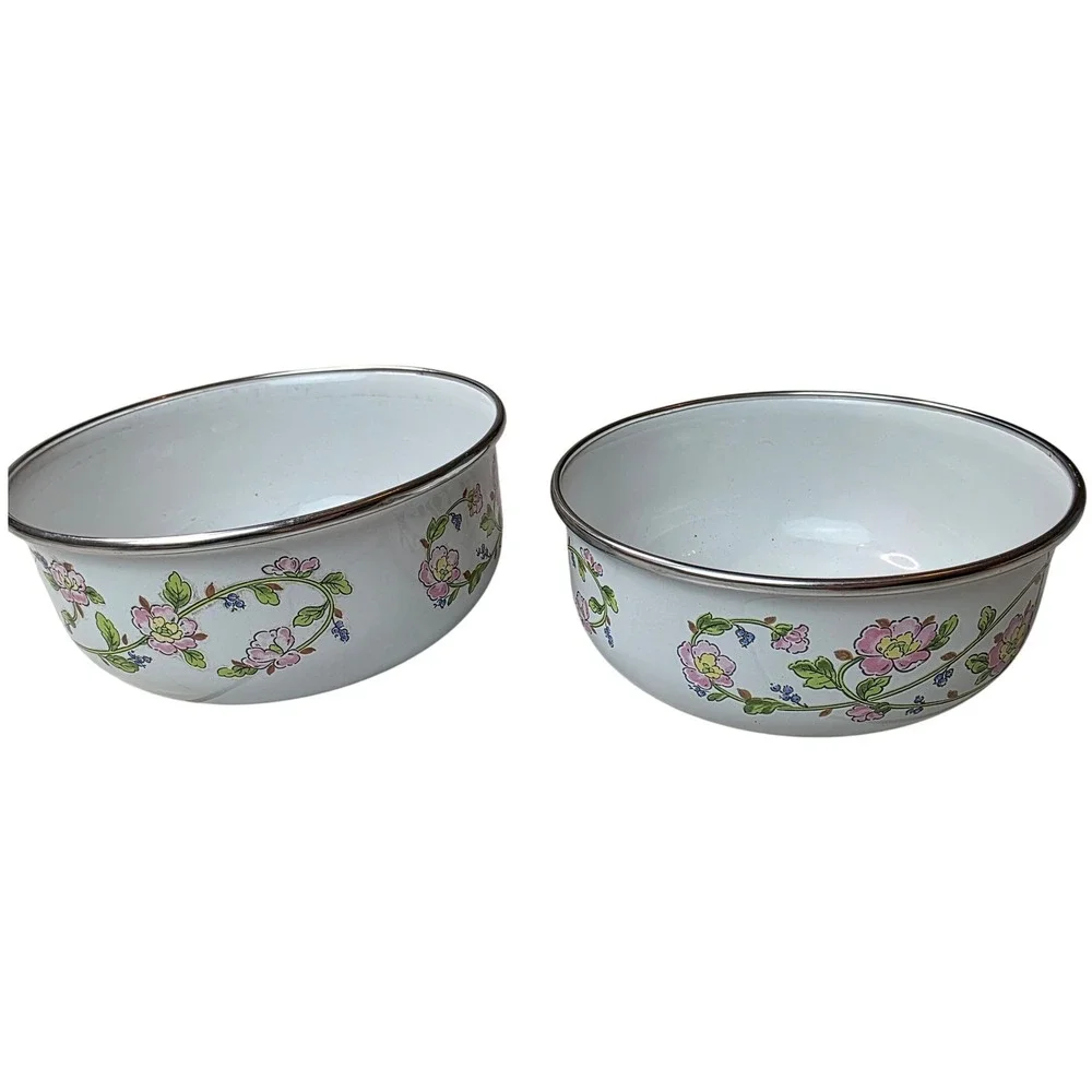 Kobe Kitchen Enamelware Floral Mixing Bowls Set of‎ 2 White Made in Japan 6 G1